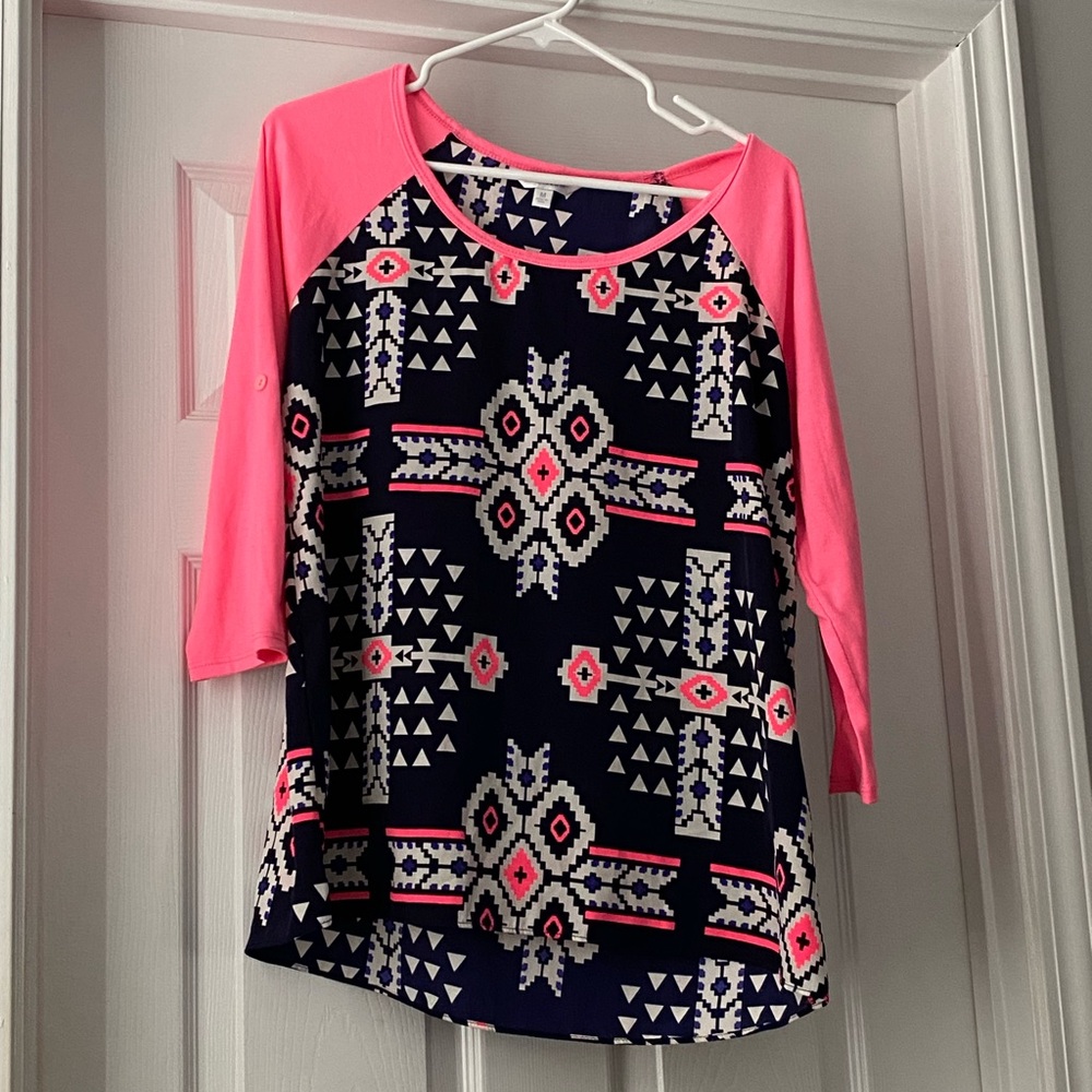 Charming Charlie Pink & Navy Aztec Raglan Long Sleeve Top